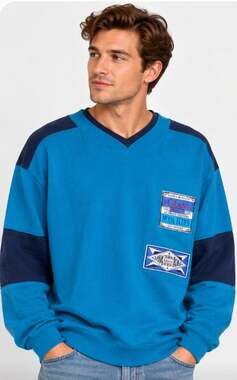 Vintage Giani L Blue Colorblock V Neck Sweatshirt Retro 80s 90s Patch Pullover